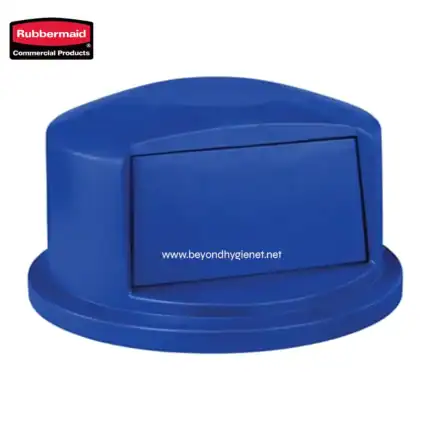 Rubbermaid blue sanitary waste bin with hinged lid, ideal for commercial hygiene and waste disposal solutions in Asian markets.