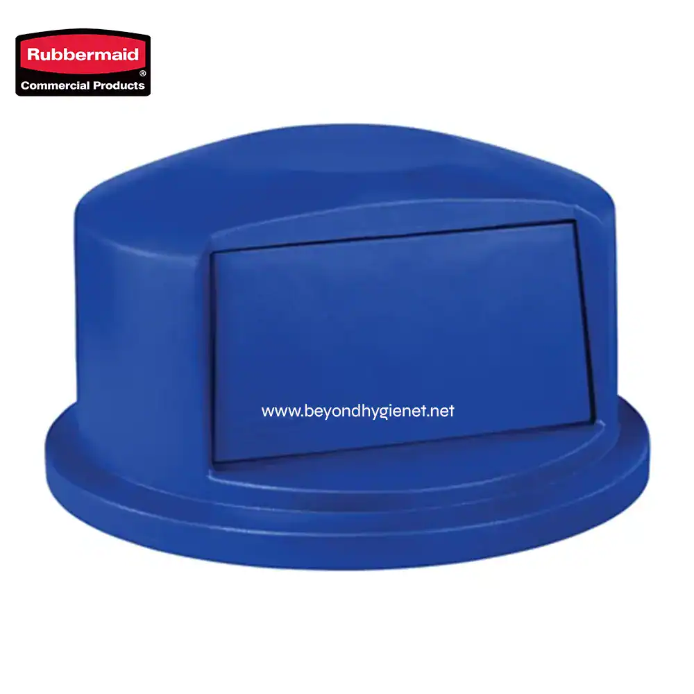 1 Rubbermaid blue sanitary waste bin with hinged lid, ideal for commercial hygiene and waste disposal solutions in Asian markets.