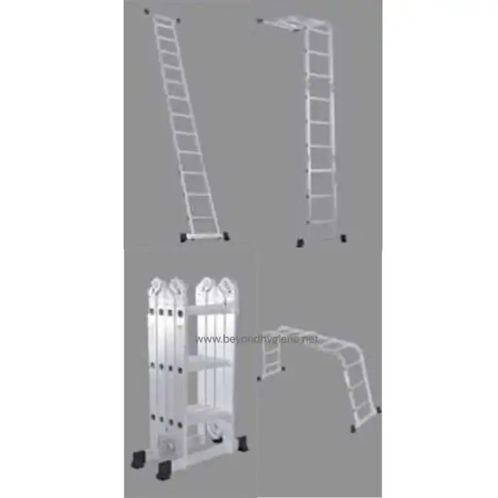 Extension ladder for commercial cleaning, durable aluminum construction, easy to transport and set up for hygiene and sanitation tasks.