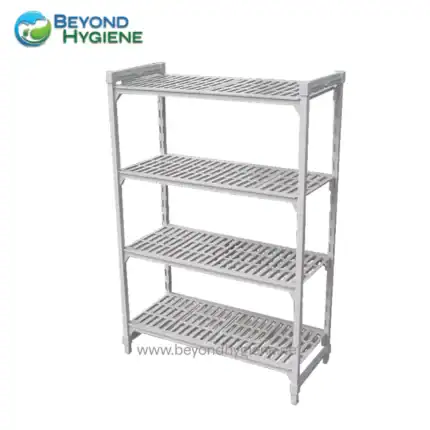 Metal shelving unit for healthcare and hygiene facilities, durable stainless steel design, multi-tier storage solution, ideal for hospitals, clinics, and cleaning supplies.