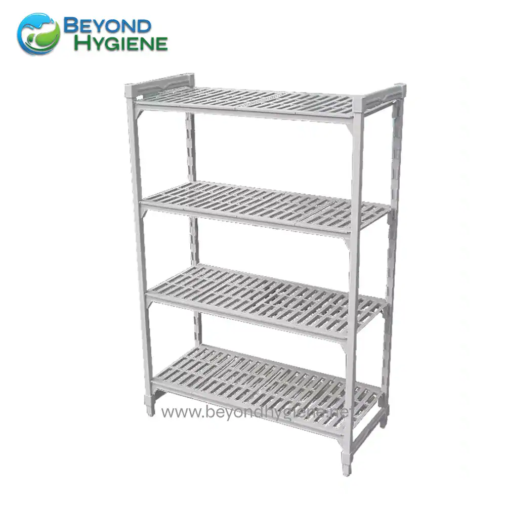 1 Metal shelving unit for healthcare and hygiene facilities, durable stainless steel design, multi-tier storage solution, ideal for hospitals, clinics, and cleaning supplies.