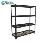 Black metal shelving unit for storage and organization in commercial or industrial hygiene settings.