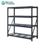 Metal shelving unit for industrial storage and organization. Durable black steel construction with multiple adjustable shelves. Ideal for warehouses, kitchens, and commercial spaces.