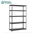 Metal storage shelving unit for cleaning supplies and hygiene products, ideal for commercial and industrial environments. Durable, customizable with adjustable shelves for organized storage.