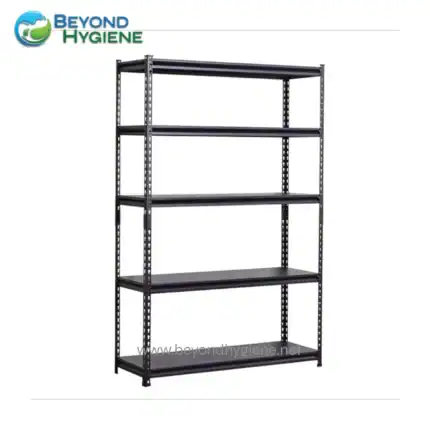 Metal storage shelving unit for cleaning supplies and hygiene products, ideal for commercial and industrial environments. Durable, customizable with adjustable shelves for organized storage.