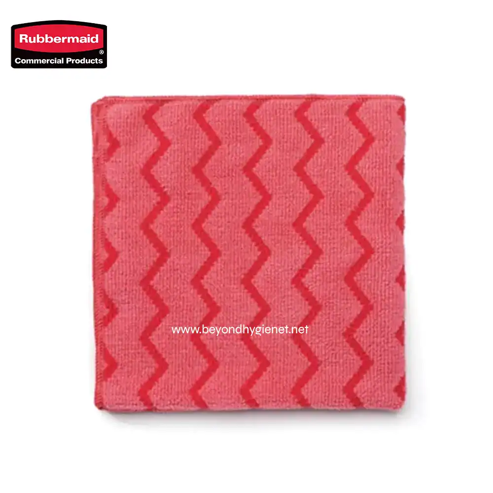 1 Soft pink cleaning cloth with red zigzag pattern, ideal for janitorial and commercial cleaning tasks.