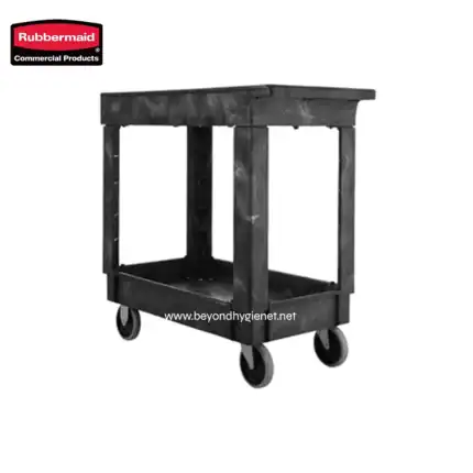 Rubbermaid black utility cart for commercial cleaning and hygiene supplies, mobile and durable.