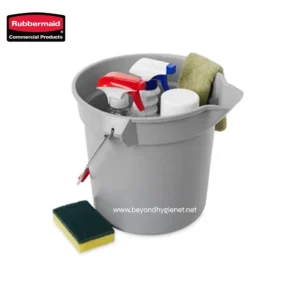 Rubbermaid cleaning supplies caddy with spray bottles, scrub sponge, and cleaning cloths for commercial hygiene solutions in Asia.