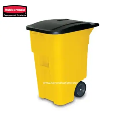Yellow commercial waste bin with black lid, durable plastic outdoor trash receptacle for waste management.