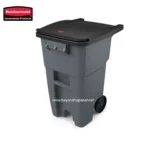 Rubbermaid commercial waste bin with lid, durable trash container for office and public spaces, easy to maneuver and hygienic waste disposal solution.