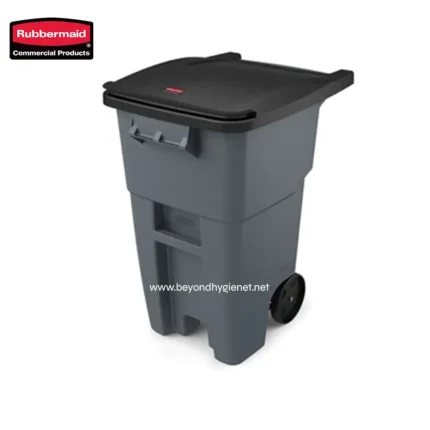Rubbermaid commercial waste bin with lid, durable trash container for office and public spaces, easy to maneuver and hygienic waste disposal solution.