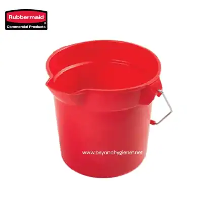 Rubbermaid red plastic bucket for cleaning and sanitation, durable and versatile, ideal for commercial cleaning tasks, available at Beyond Hygiene Asia.