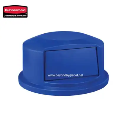 Blue rubber recycling bin with hinged lid, used for waste management and hygiene compliance in industrial and commercial settings.