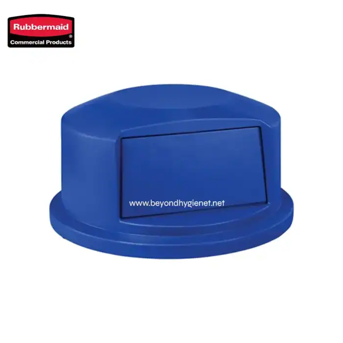 Blue rubber recycling bin with hinged lid, used for waste management and hygiene compliance in industrial and commercial settings.