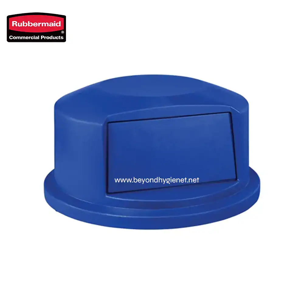 1 Blue rubber recycling bin with hinged lid, used for waste management and hygiene compliance in industrial and commercial settings.