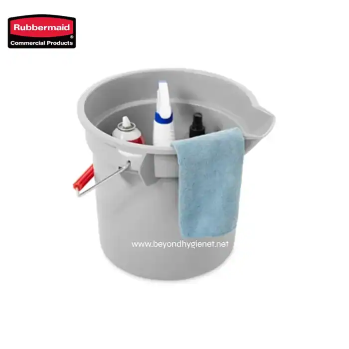 Wall-mounted cleaning bucket with disinfectant and cleaning supplies for commercial hygiene solutions in Asia.