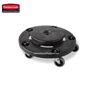 Rubbermaid industrial casters on a black circular base for durable commercial furniture and equipment mobility. Suitable for heavy-duty cleaning and sanitation applications.