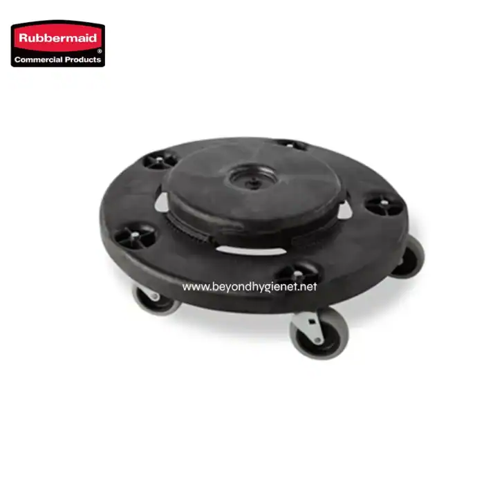 Rubbermaid industrial casters on a black circular base for durable commercial furniture and equipment mobility. Suitable for heavy-duty cleaning and sanitation applications.