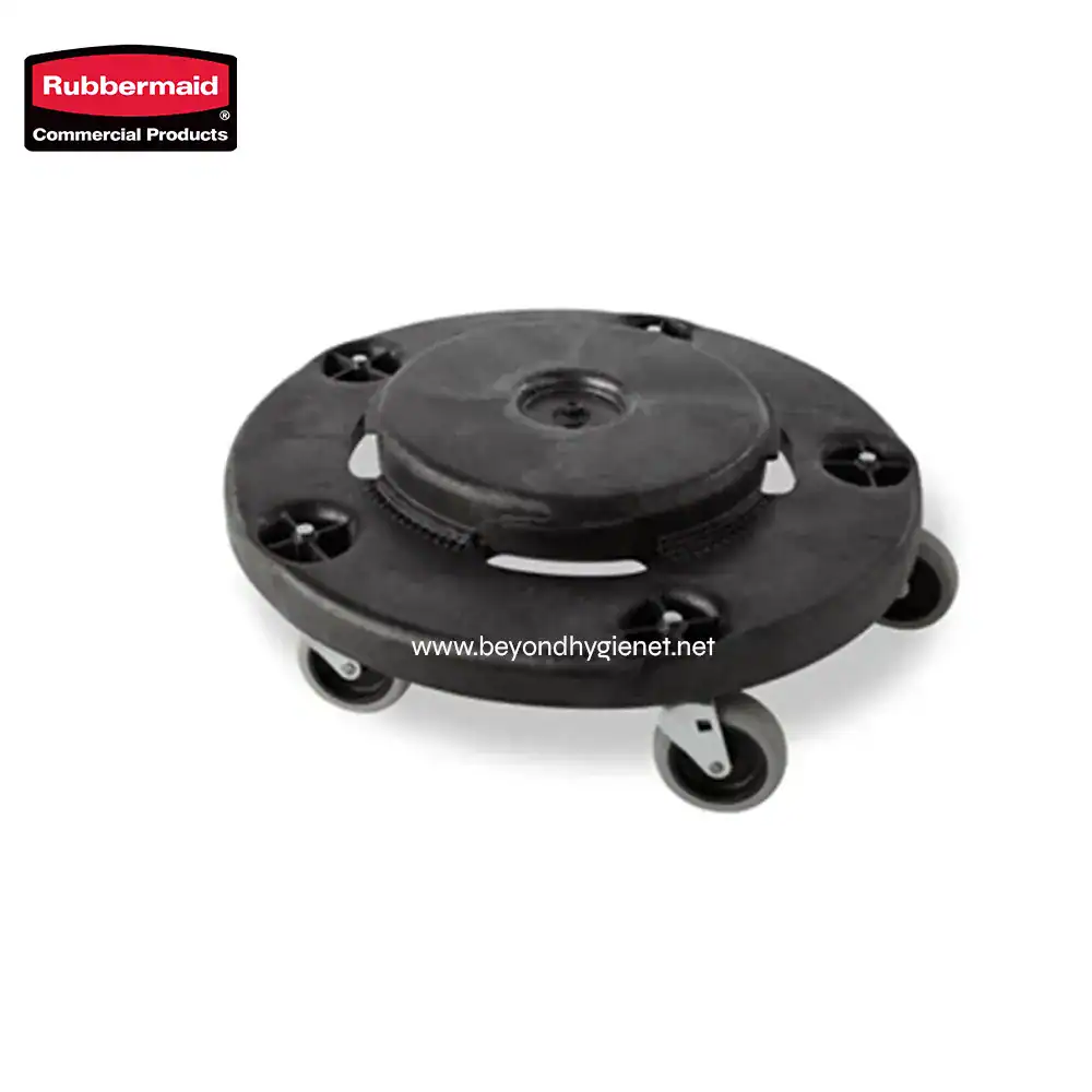 1 Rubbermaid industrial casters on a black circular base for durable commercial furniture and equipment mobility. Suitable for heavy-duty cleaning and sanitation applications.