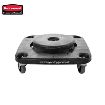 Rubbermaid industrial dolly with caster wheels for heavy-duty transport, ideal for warehouse and cleaning service applications.