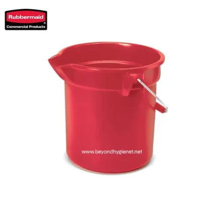 Rubbermaid red plastic mop bucket with wringer attachment for commercial cleaning, durable and easy to use for professional janitorial services in Asia.