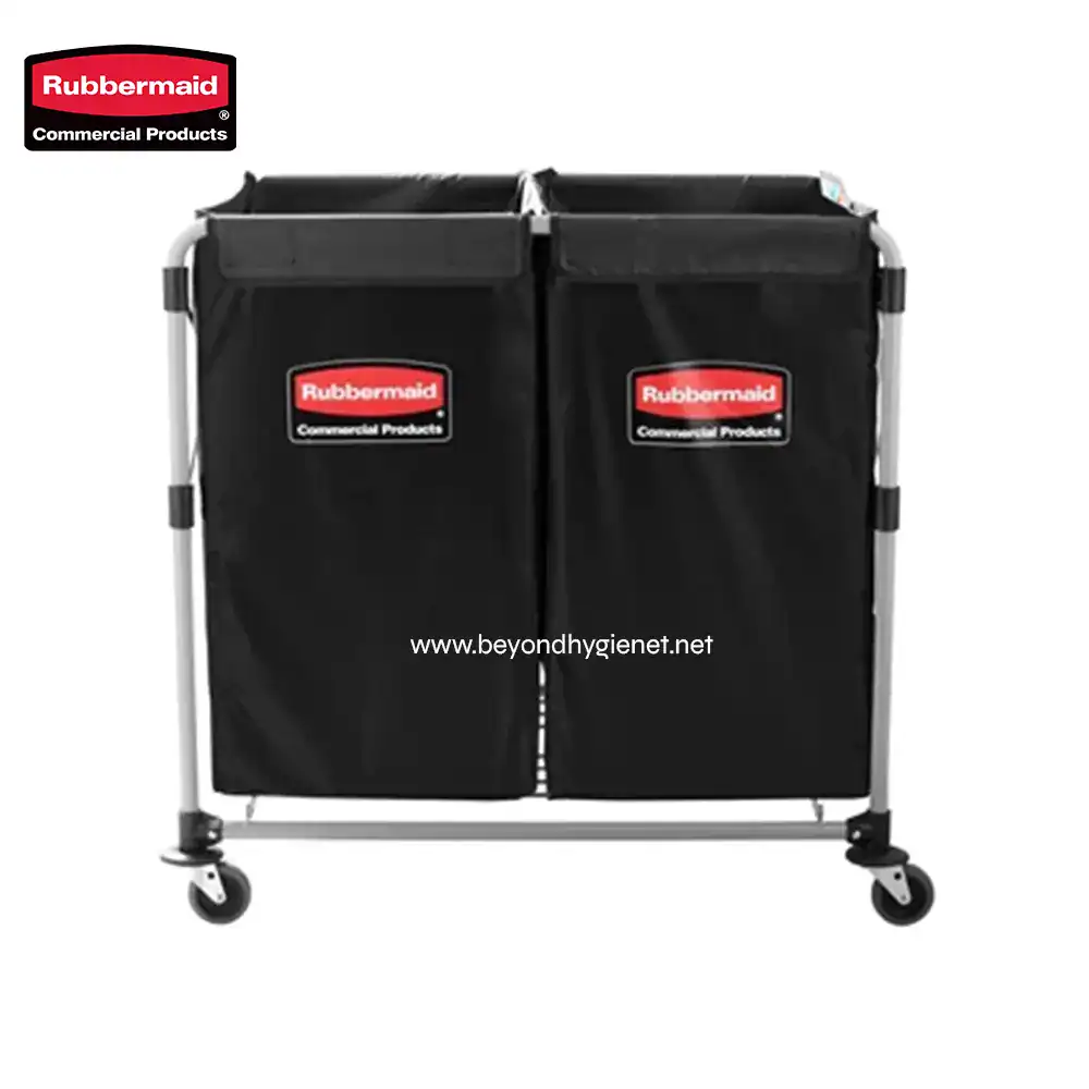 1 Rubbermaid commercial laundry cart with black fabric and casters, ideal for commercial and industrial laundry applications. Heavy-duty design for efficient linen handling.