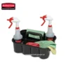 Rubbermaid cleaning spray bottles with cloths in cleaning caddy for hygiene maintenance.
