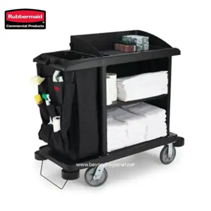 Cleaning supply cart with paper towels, cleaning tools, and disinfectant bottles for hygiene and sanitation purposes.