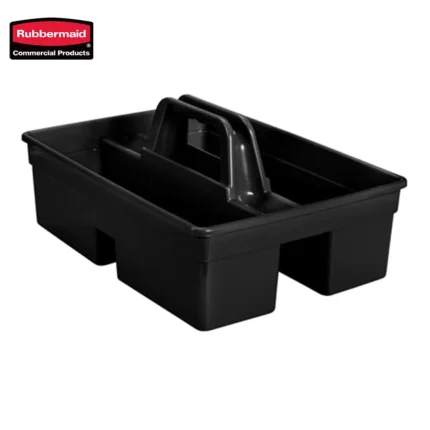 Rubbermaid black cleaning caddy for janitorial supplies and organization in commercial hygiene environments.