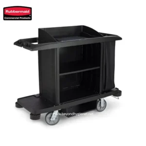 Rubbermaid commercial service cart for cleaning and janitorial supply storage. Durable black plastic mobile utility trolley with multiple shelves and side compartments for versatile cleaning needs.