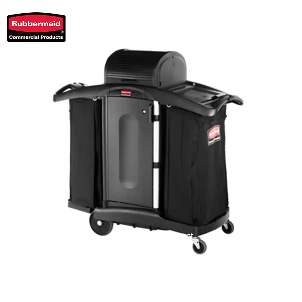 1 Rubbermaid commercial cleaning cart for hygiene and sanitation in Asia, featuring durable compartments and mobility for efficient janitorial services.