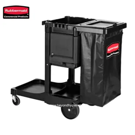 Rubbermaid cleaning cart with built-in trash receptacle and storage compartments for janitorial supplies, ideal for commercial cleaning in Asia.