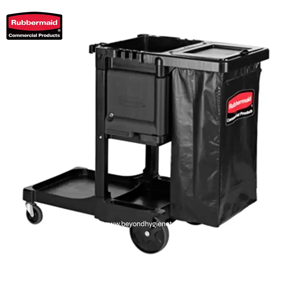 Rubbermaid cleaning cart with built-in trash receptacle and storage compartments for janitorial supplies, ideal for commercial cleaning in Asia.