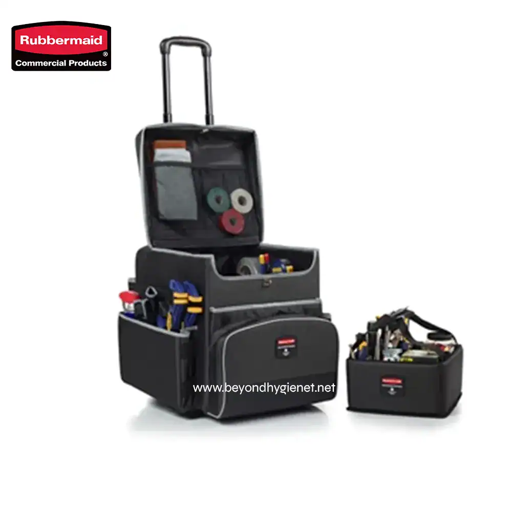 Rubbermaid commercial cleaning tool kit with multiple storage compartments and organizational pouches for efficient janitorial supply management.
