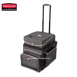 Rubbermaid commercial cleaning cart with extendable handle, multiple compartments, and cleaning supplies storage, ideal for professional hygiene and sanitation in commercial spaces.
