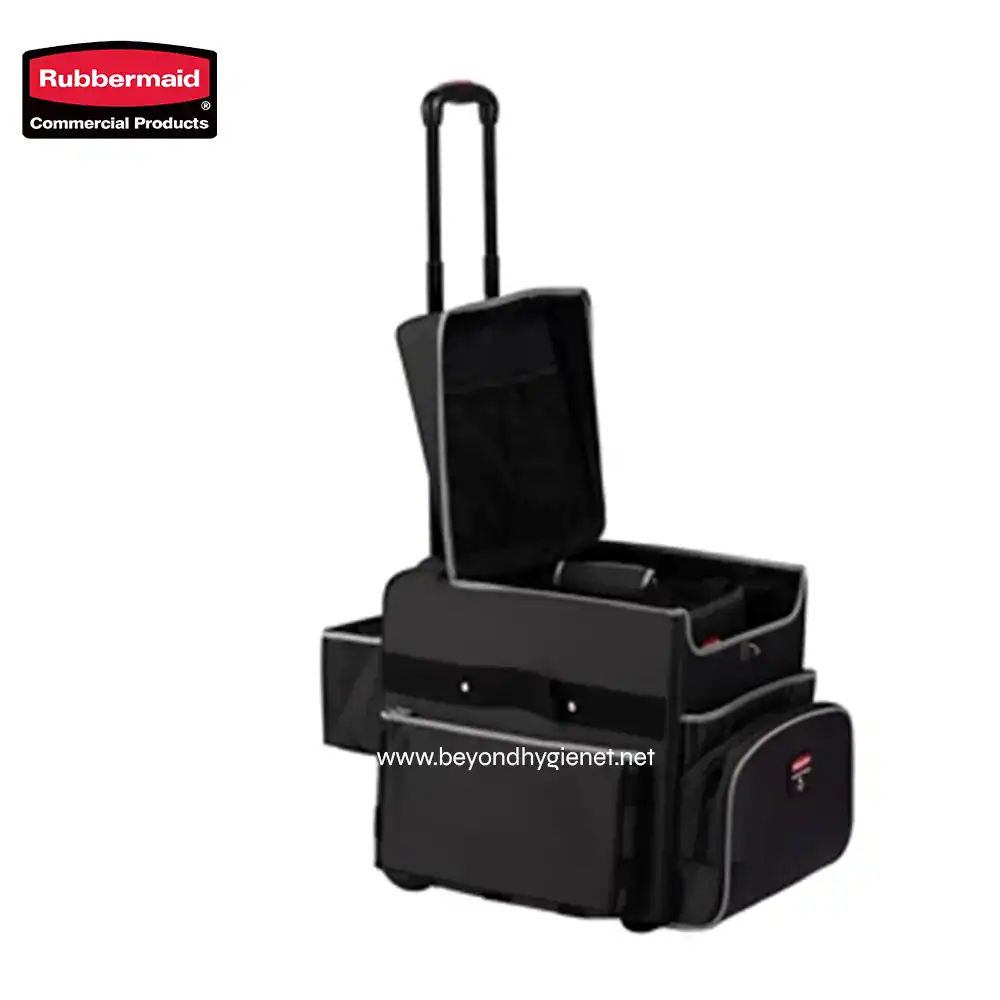 1 Trolley cleaning cart with multiple compartments for sanitation supplies and tools, designed for commercial cleaning services in Asia, portable and easy to maneuver.
