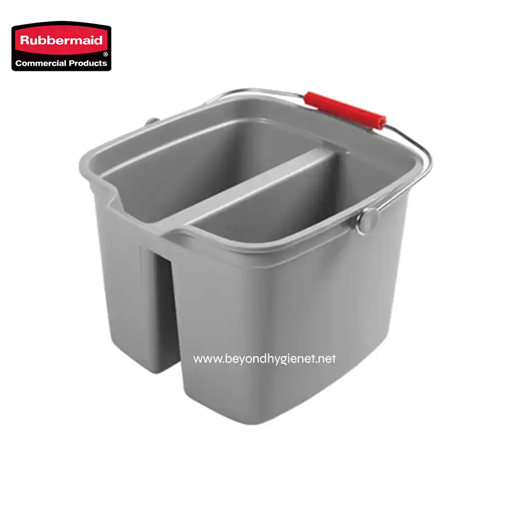1 Rubbermaid commercial stainless steel double mop bucket with wringer for professional cleaning, heavy-duty cleaning supplies, and sanitation solutions.