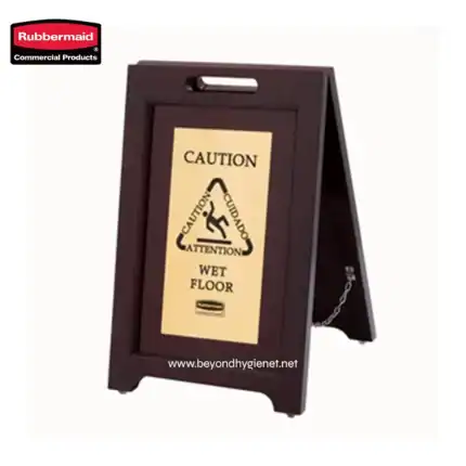 Wet floor caution sign promoting safety in commercial hygiene environments.