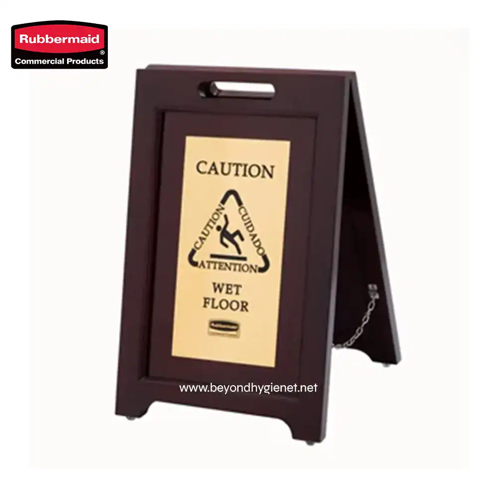 Wet floor caution sign promoting safety in commercial hygiene environments.