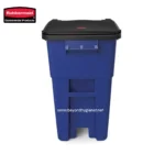Rubbermaid commercial trash bin for waste disposal, durable blue plastic container with lid, ideal for office, industrial, and public sanitation environments, enhancing hygiene standards.