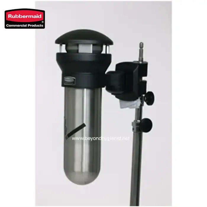Rubbermaid commercial water filter system on stainless steel stand for hygiene and sanitation.
