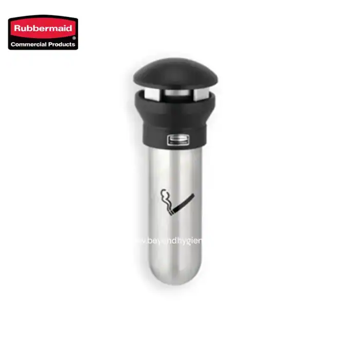 Rubbermaid ashtray cigarette disposal station for smoking areas and commercial outdoor spaces, durable stainless steel with black top, easy-to-clean smoking receptacle, hygienic waste disposal solution.