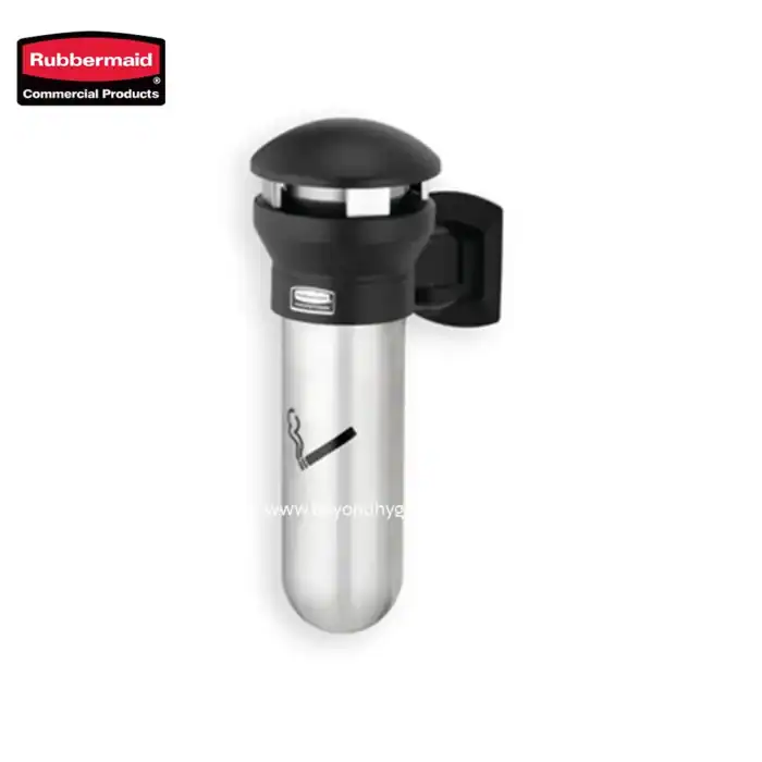 Rubbermaid ashtray outdoors, stainless steel cigarette disposal bin, durable outdoor smoking area waste receptacle, hygienic ash and cigarette disposal solution, commercial smoking area waste management product.
