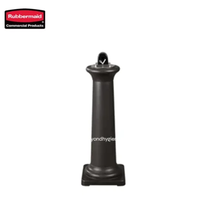 Rubbermaid water fountain stand, durable black pedestal for indoor or outdoor use, ideal for public spaces, parks, and commercial settings, promoting hygiene and cleanliness.