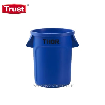 Blue plastic waste bin for hygiene and sanitation.