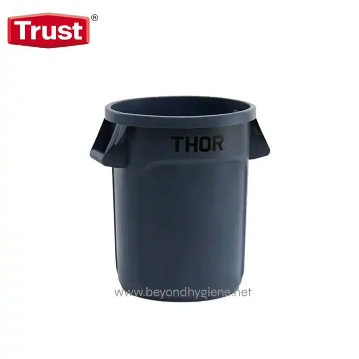 Trash bin with "THOR" label, gray color, for waste disposal in hygiene and sanitation environments. Suitable for diverse settings to maintain cleanliness and promote hygiene practices.