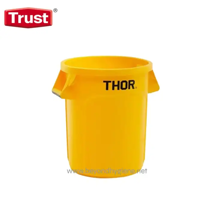 Yellow cleaning bucket with "THOR" logo, ideal for industrial and commercial sanitation, featured on Beyond Hygiene Asia.