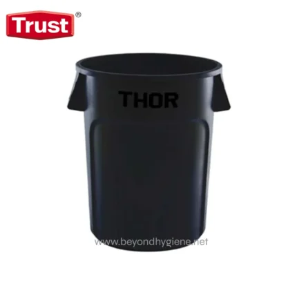 Black waste bin with "THOR" logo, durable trash receptacle, commercial trash can for hygiene and sanitation, Beyond Hygiene Asia trusted brand, suitable for public and industrial spaces.