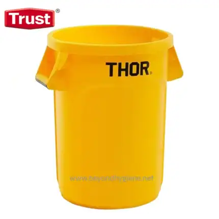 Yellow rubber waste disposal bin with "THOR" branding and a Trust logo on top, used for safe waste management in hygiene and sanitation facilities.