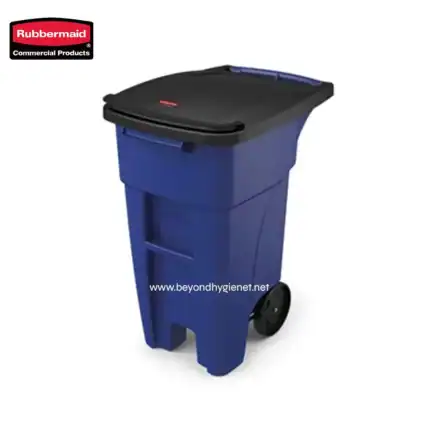 Blue commercial trash bin with a black lid, designed for waste disposal in public or office spaces, featuring durable construction and mobility wheels.